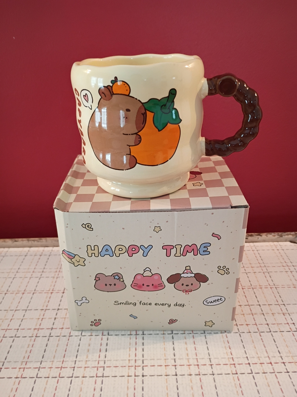 Cute Capybarro & Orange Ceramic Mug - Cream with Brown Handle